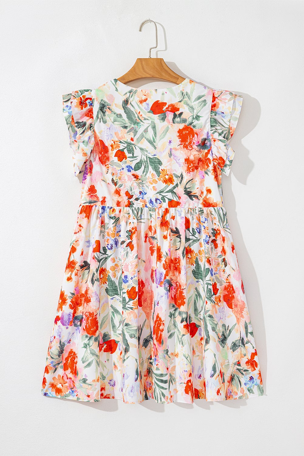 Pink Floral Double Ruffle Sleeve V Neck High Waist Mini Dress