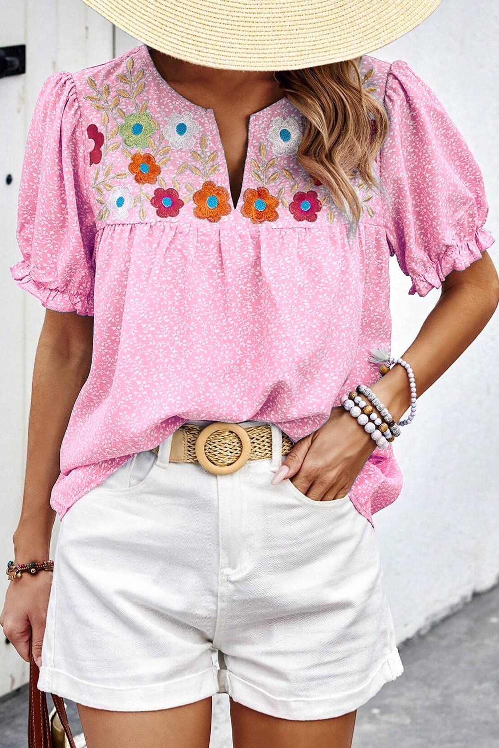 Pink Floral Embroidered Puff Sleeve Notched V Neck Blouse