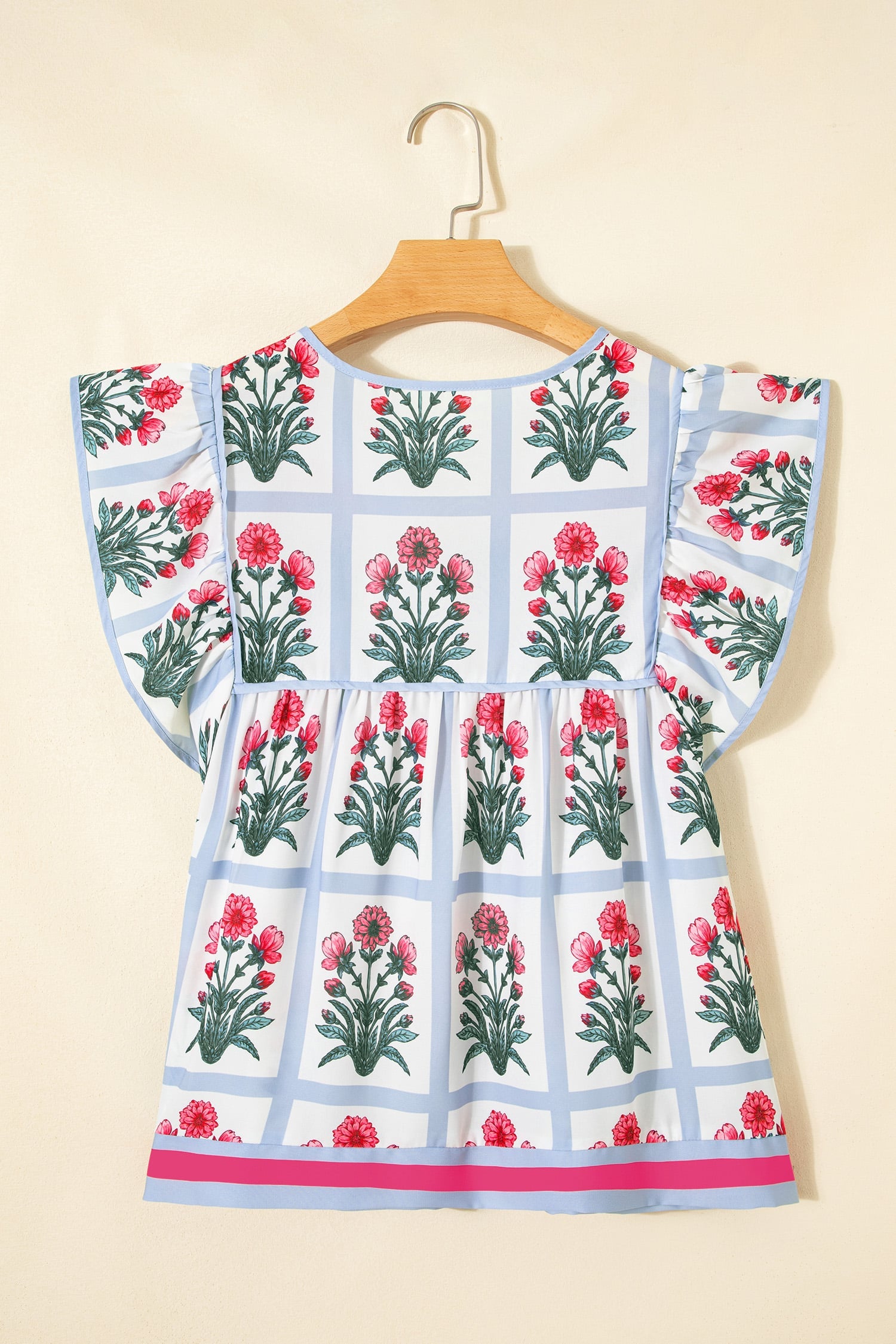 Pink Floral Flutter Sleeve Split V Neck Top