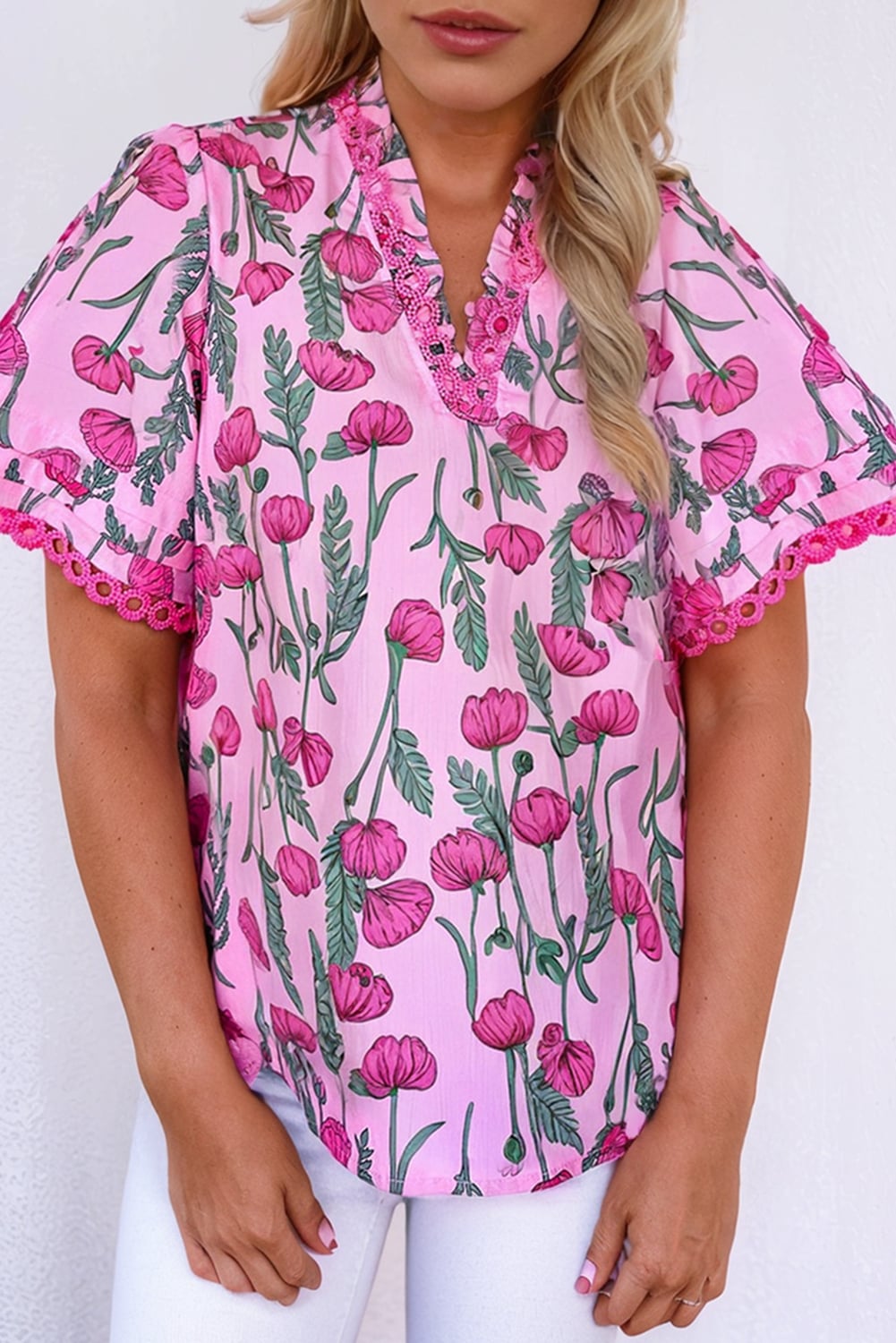 Pink Floral Lace Detail Frilled V Neck Summer Blouse