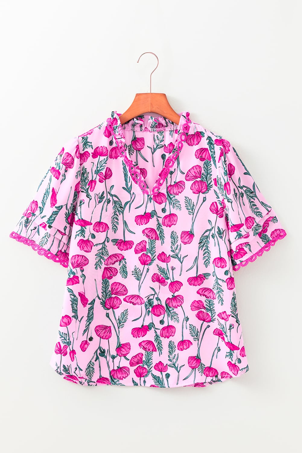 Pink Floral Lace Detail Frilled V Neck Summer Blouse
