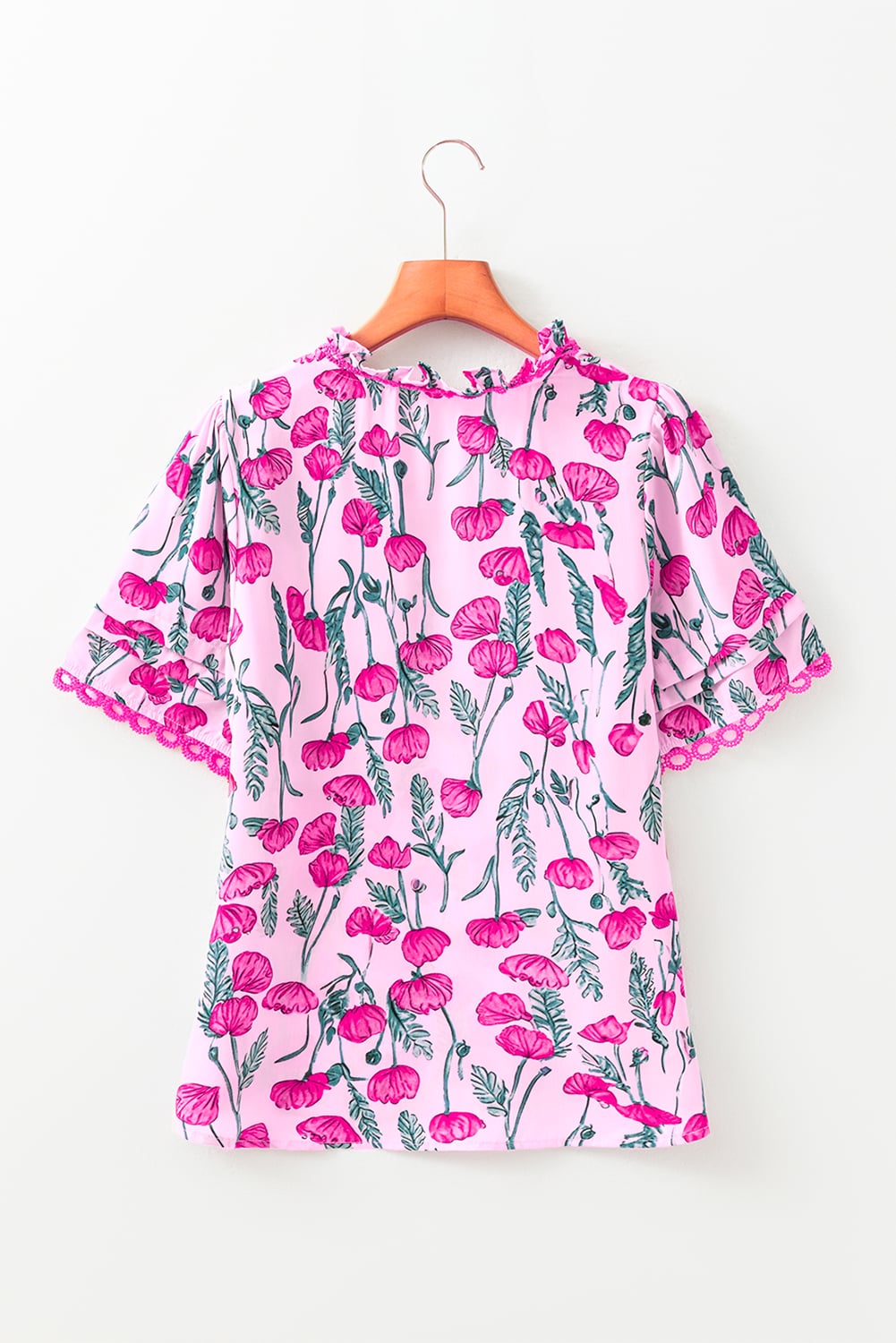 Pink Floral Lace Detail Frilled V Neck Summer Blouse