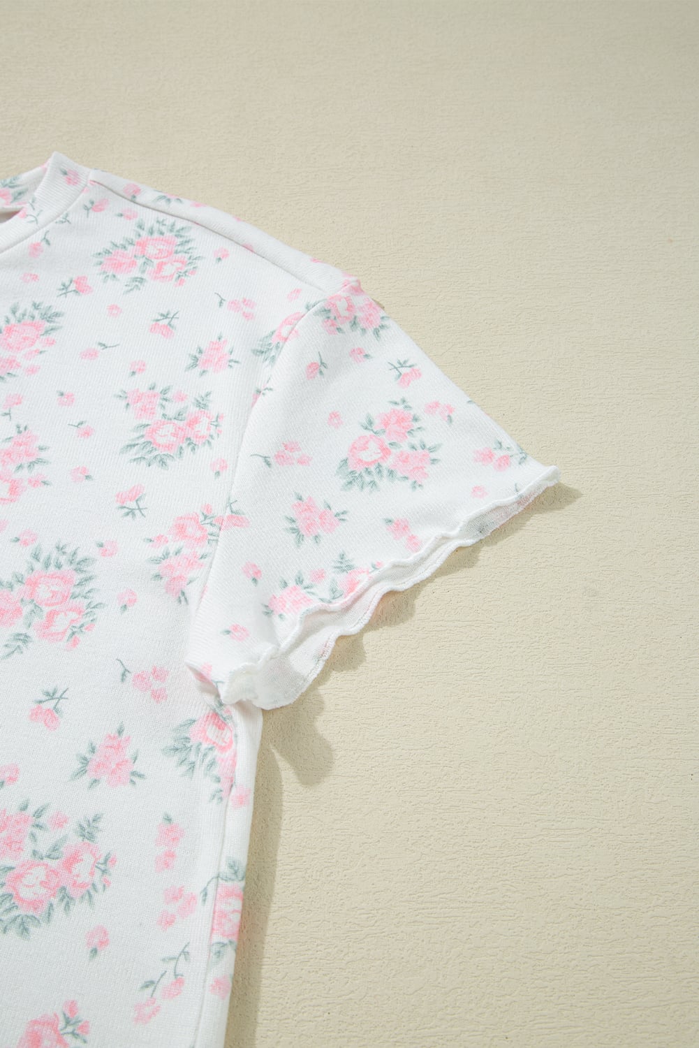 Pink Floral Lettuce Trim Tee and Shorts Ribbed Lounge Set
