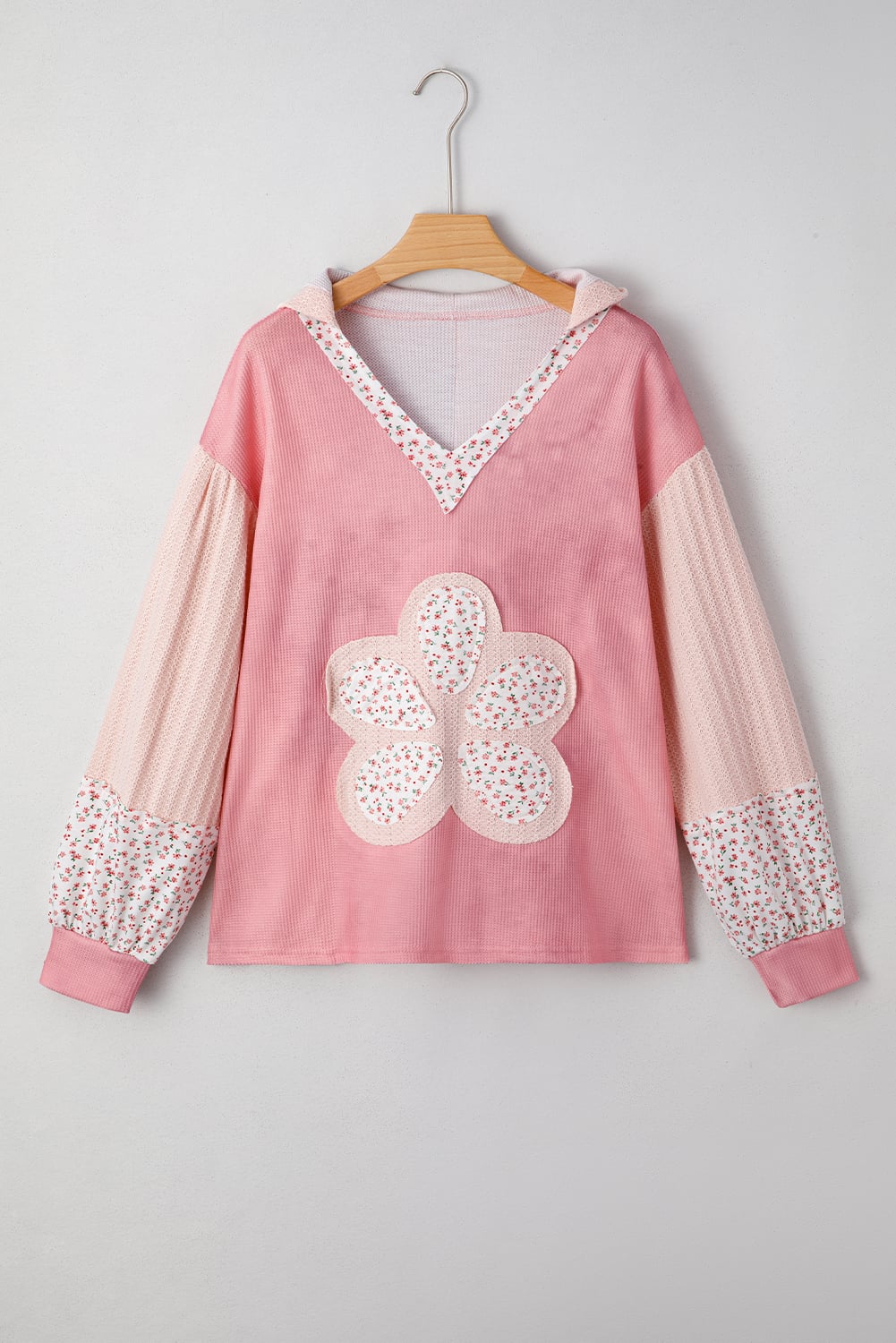 Pink Floral Patched Waffle Textured Colorblock V Neck Casual Hooded Top