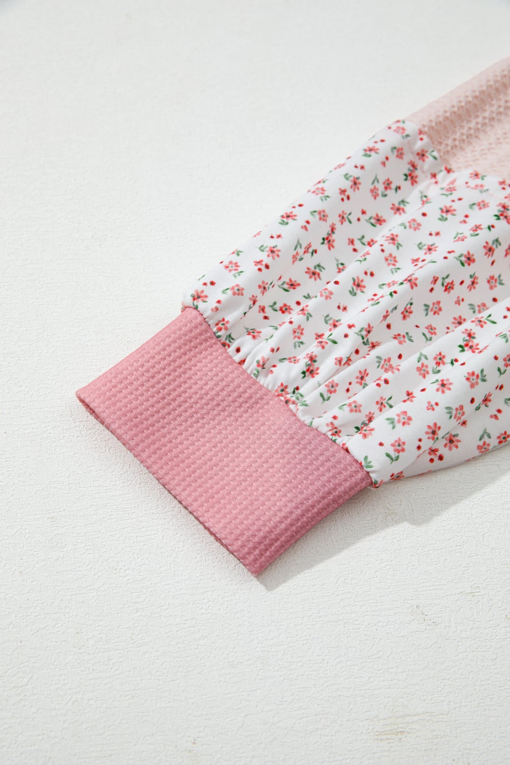 Pink Floral Patched Waffle Textured Colorblock V Neck Casual Hooded Top