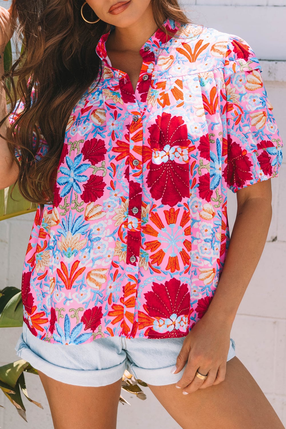 Pink Floral Print Bubble Sleeve Button Up Pleated Shirt