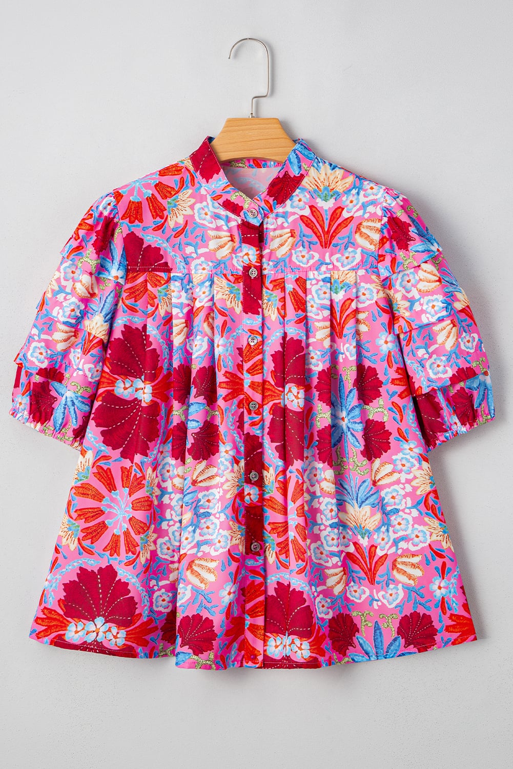 Pink Floral Print Bubble Sleeve Button Up Pleated Shirt