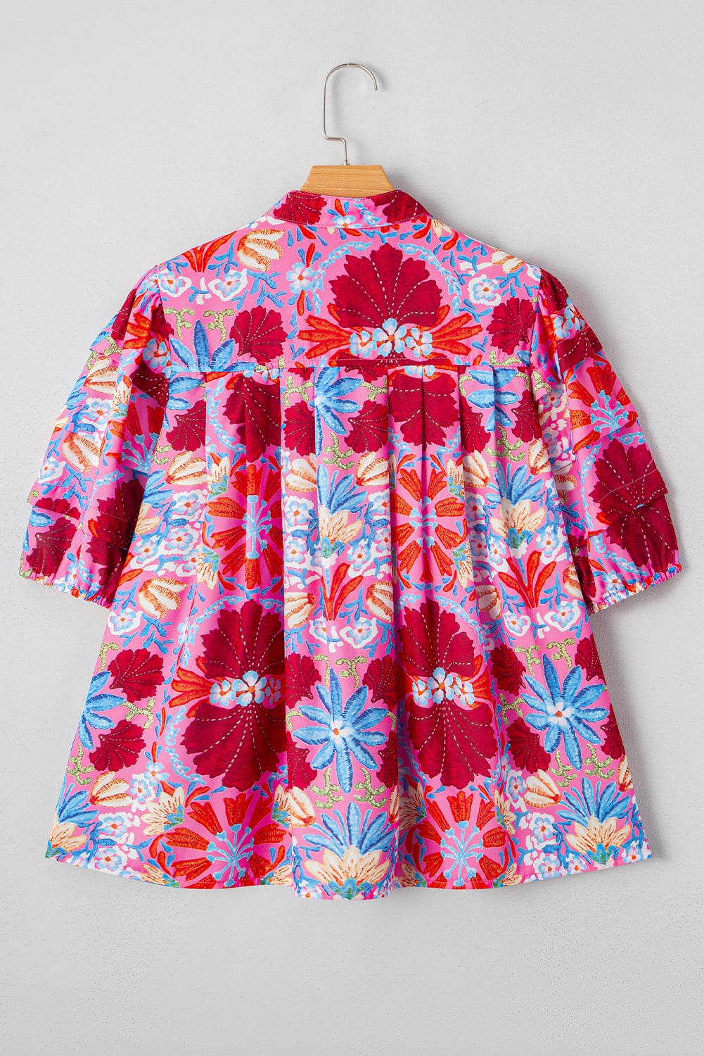 Pink Floral Print Bubble Sleeve Button Up Pleated Shirt