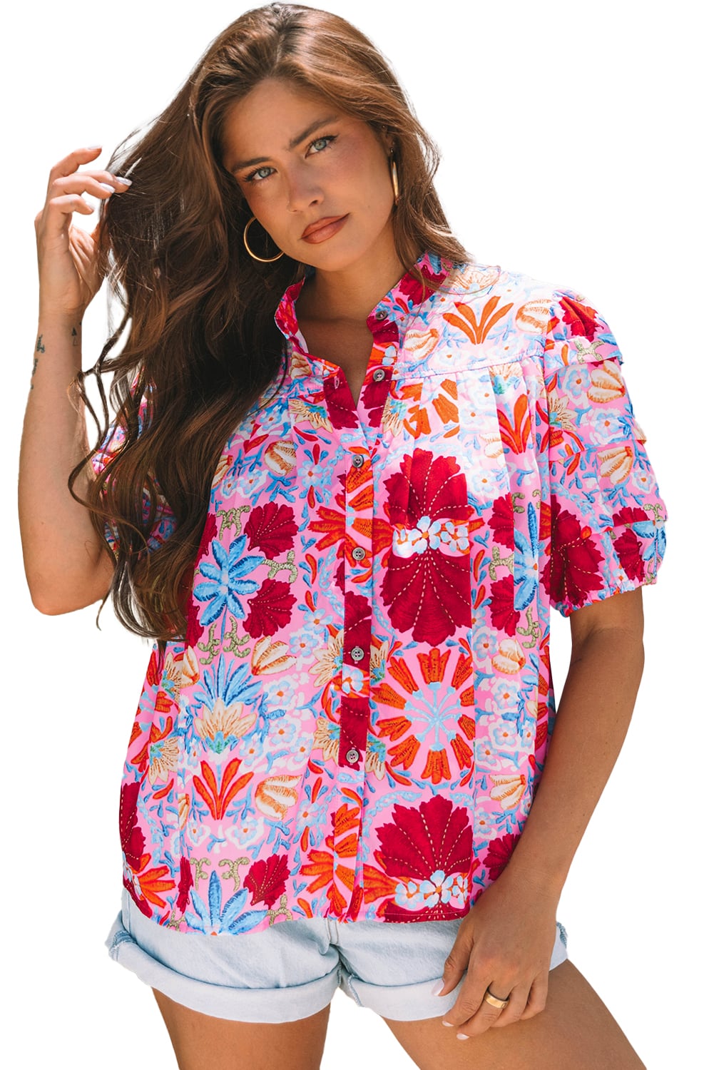 Pink Floral Print Bubble Sleeve Button Up Pleated Shirt