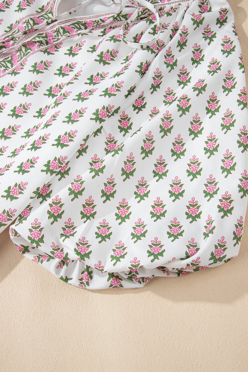 Pink Floral Print Bubble Sleeve Neck Tie Ruffled Dress