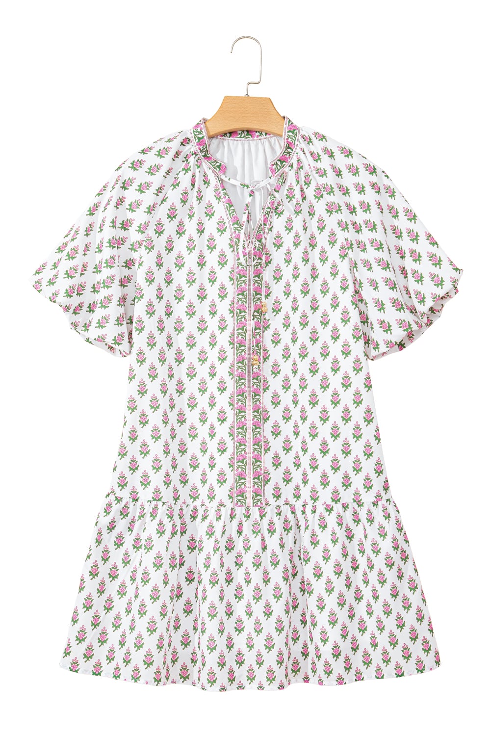 Pink Floral Print Bubble Sleeve Neck Tie Ruffled Dress