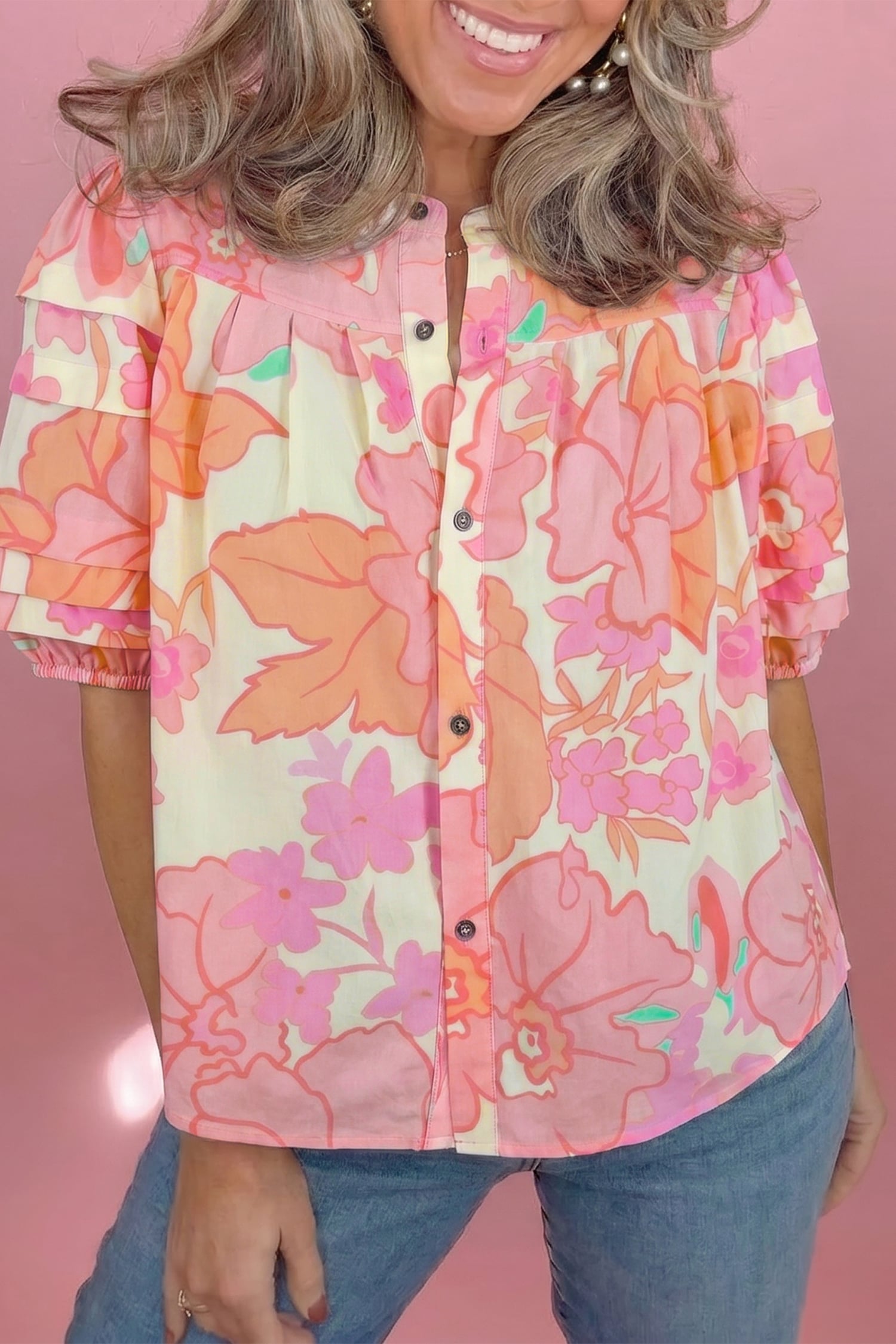 Pink Floral Print Button Down Pintuck Short Sleeve Shirt