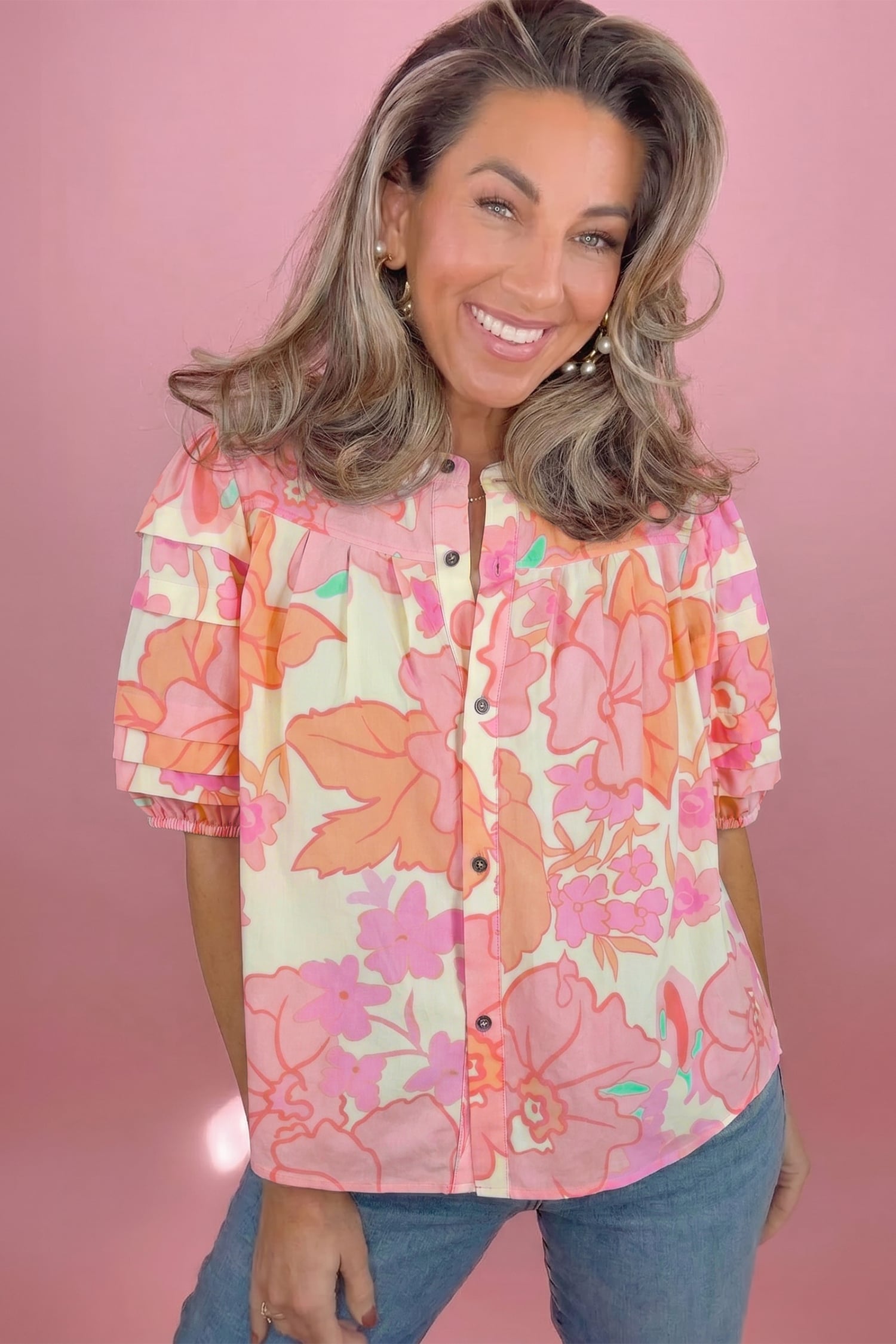 Pink Floral Print Button Down Pintuck Short Sleeve Shirt
