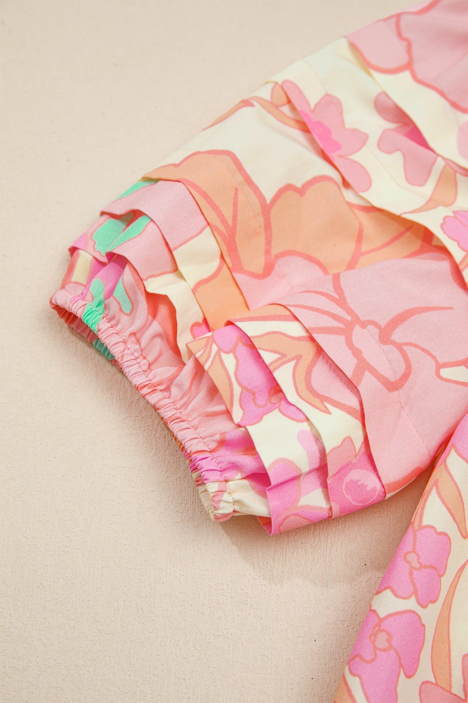 Pink Floral Print Button Down Pintuck Short Sleeve Shirt