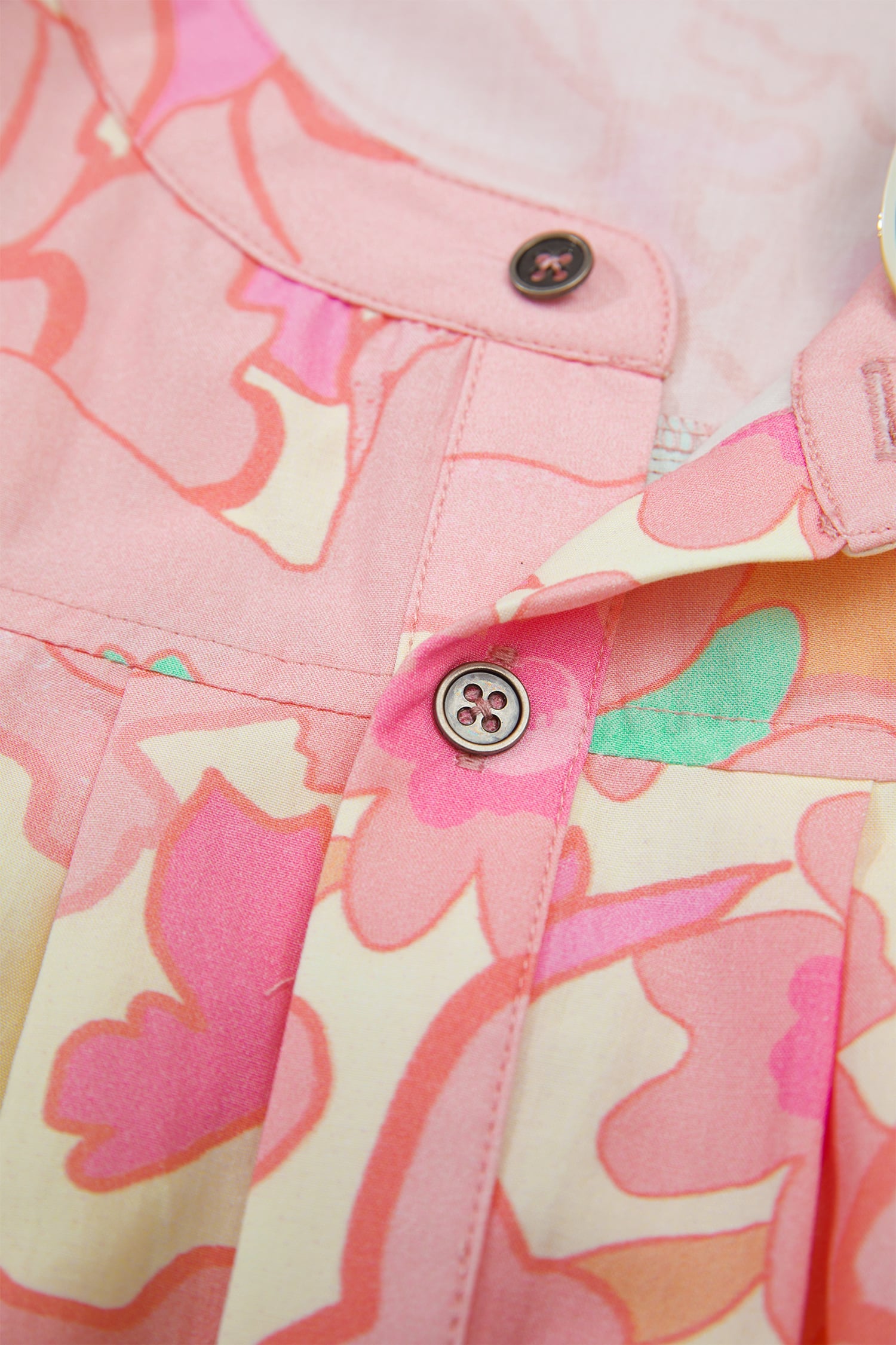 Pink Floral Print Button Down Pintuck Short Sleeve Shirt