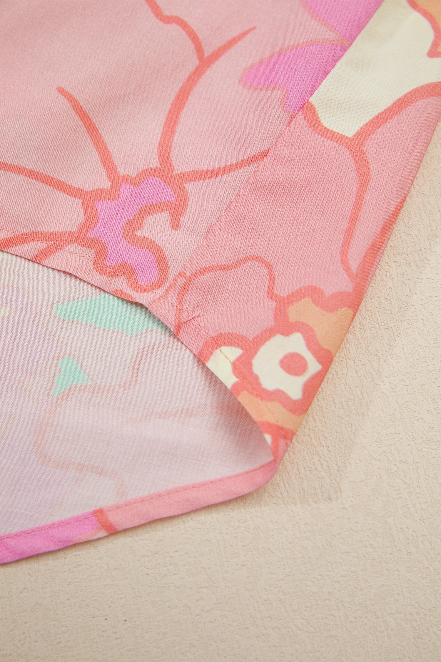 Pink Floral Print Button Down Pintuck Short Sleeve Shirt