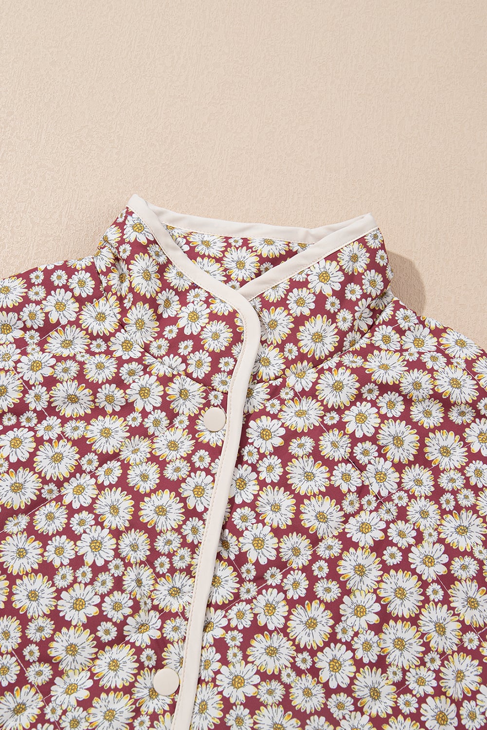Pink Floral Print Contrast Edge Pocketed Stand Neck Jacket