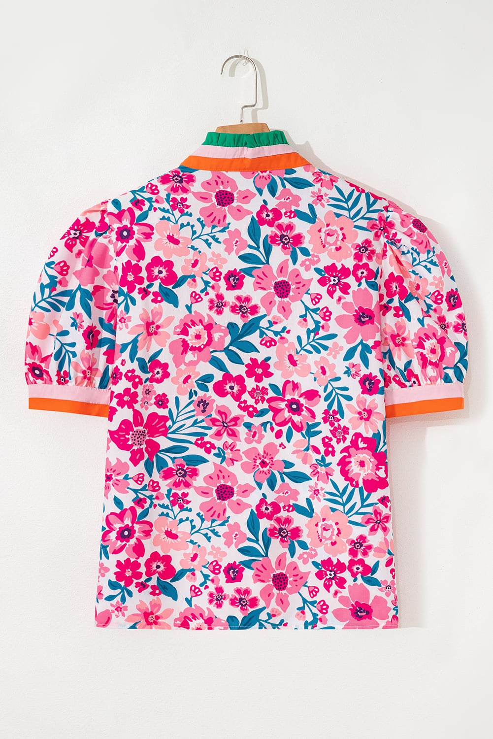 Pink Floral Print Contrast Striped Detail Short Sleeve Blouse