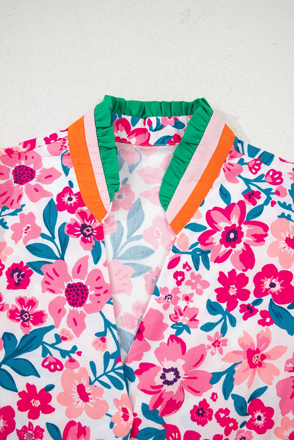 Pink Floral Print Contrast Striped Detail Short Sleeve Blouse