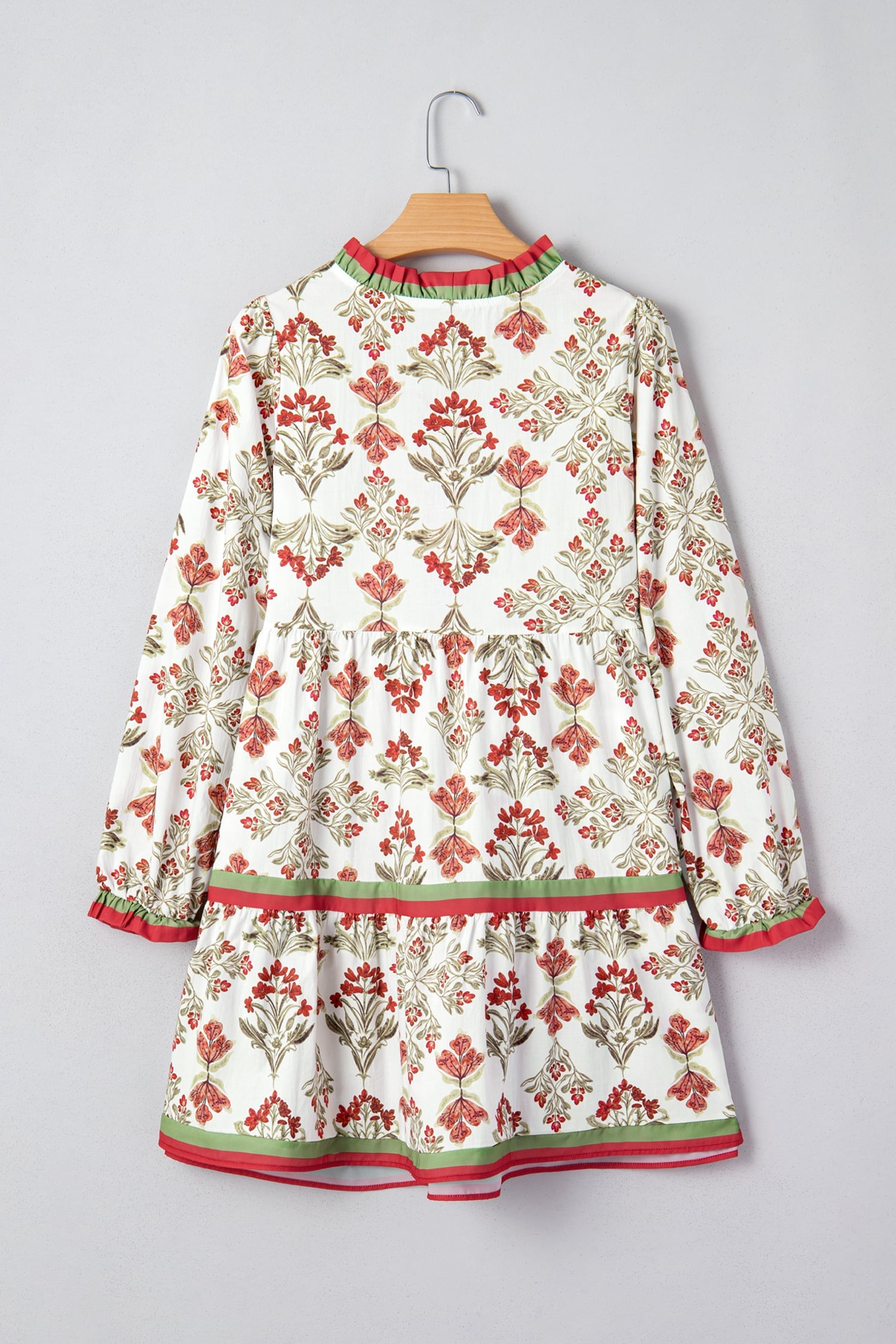 Pink Floral Print Contrast Trim Frilled Neck Long Sleeve Flared Dress