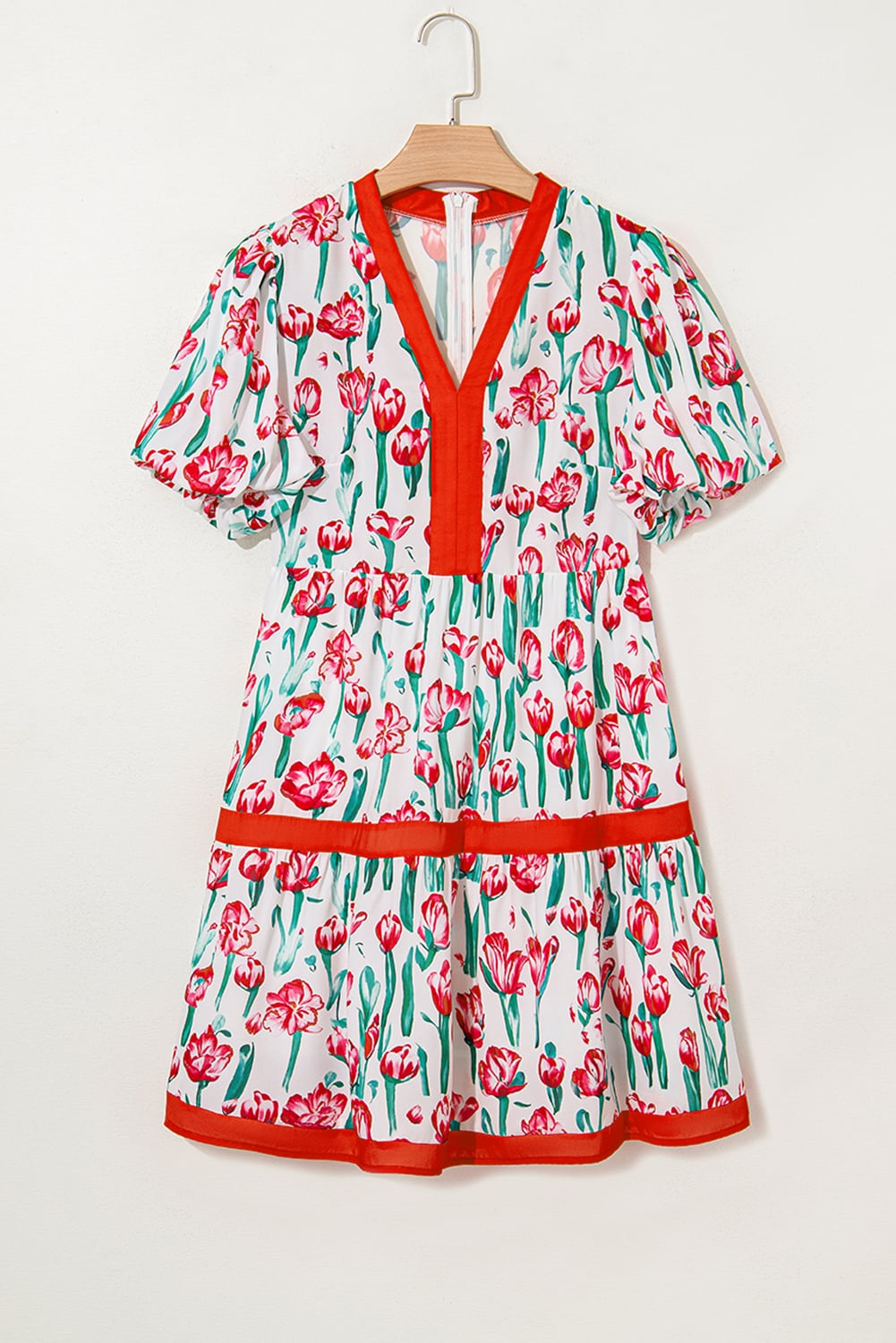 Pink Floral Print Contrast Trim V Neck Bubble Short Sleeve Babydoll Dress
