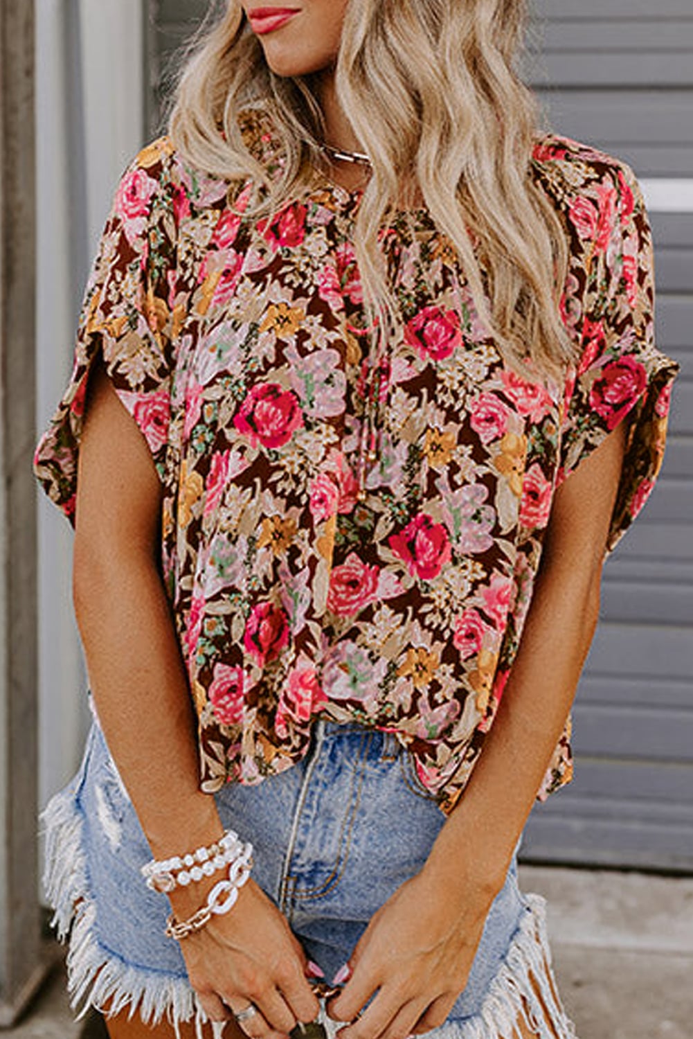 Pink Floral Print Crew Neck Short Sleeve Shift Blouse
