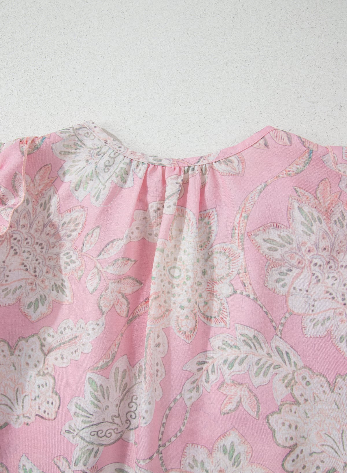 Pink Floral Print Drawstring V Neck Puff Sleeve Loose Blouse