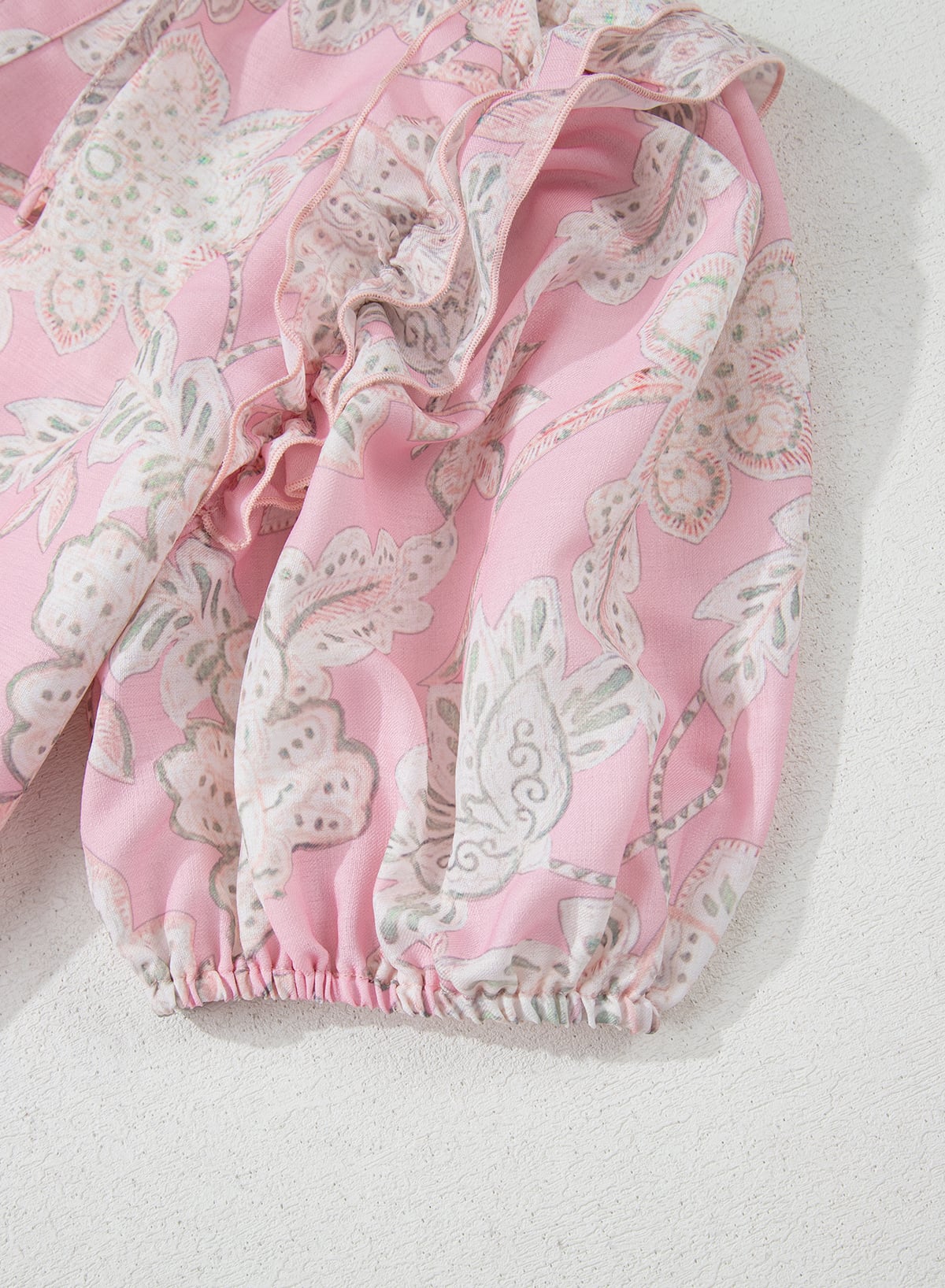 Pink Floral Print Drawstring V Neck Puff Sleeve Loose Blouse