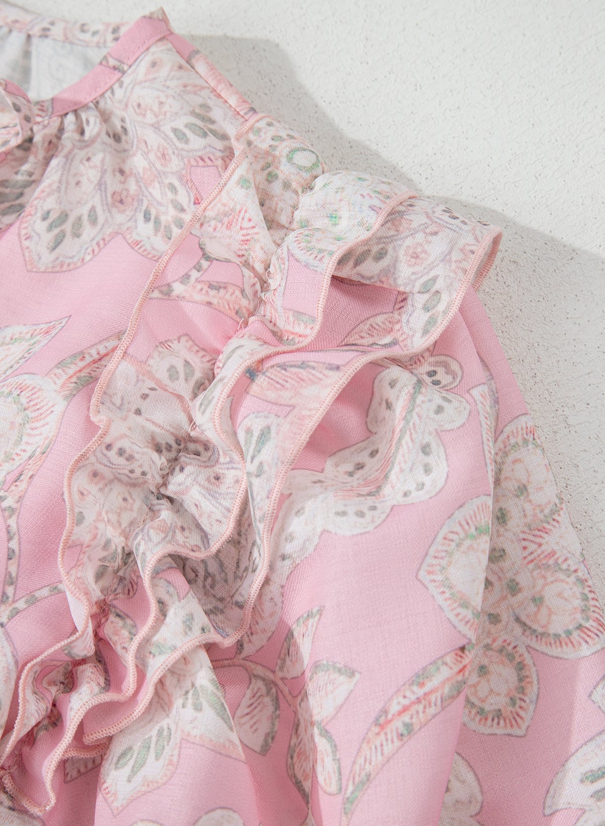 Pink Floral Print Drawstring V Neck Puff Sleeve Loose Blouse