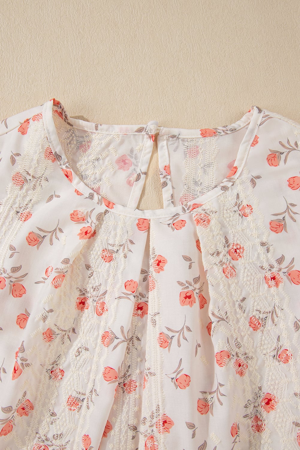 Pink Floral Print Embroidery Detail Crochet Cap Sleeve Blouse