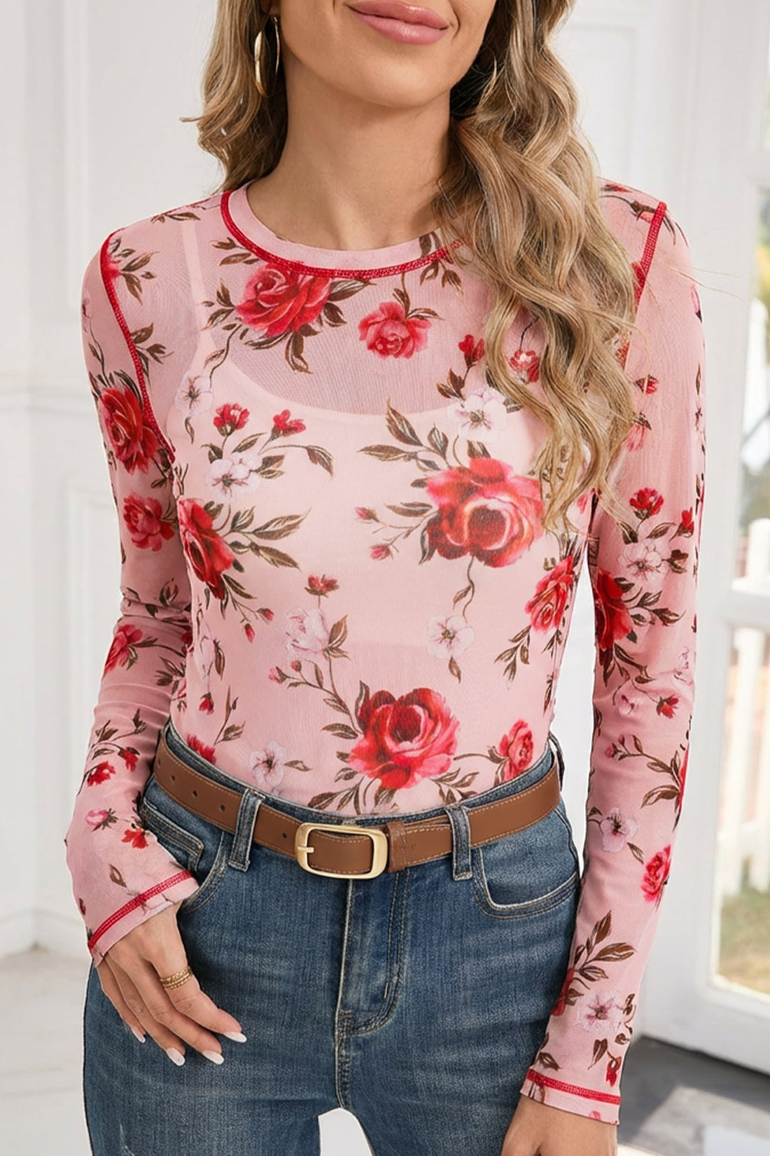 Pink Floral Print Exposed Seam Detail Mesh Long Sleeve Top