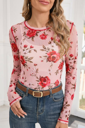 Pink Floral Print Exposed Seam Detail Mesh Long Sleeve Top
