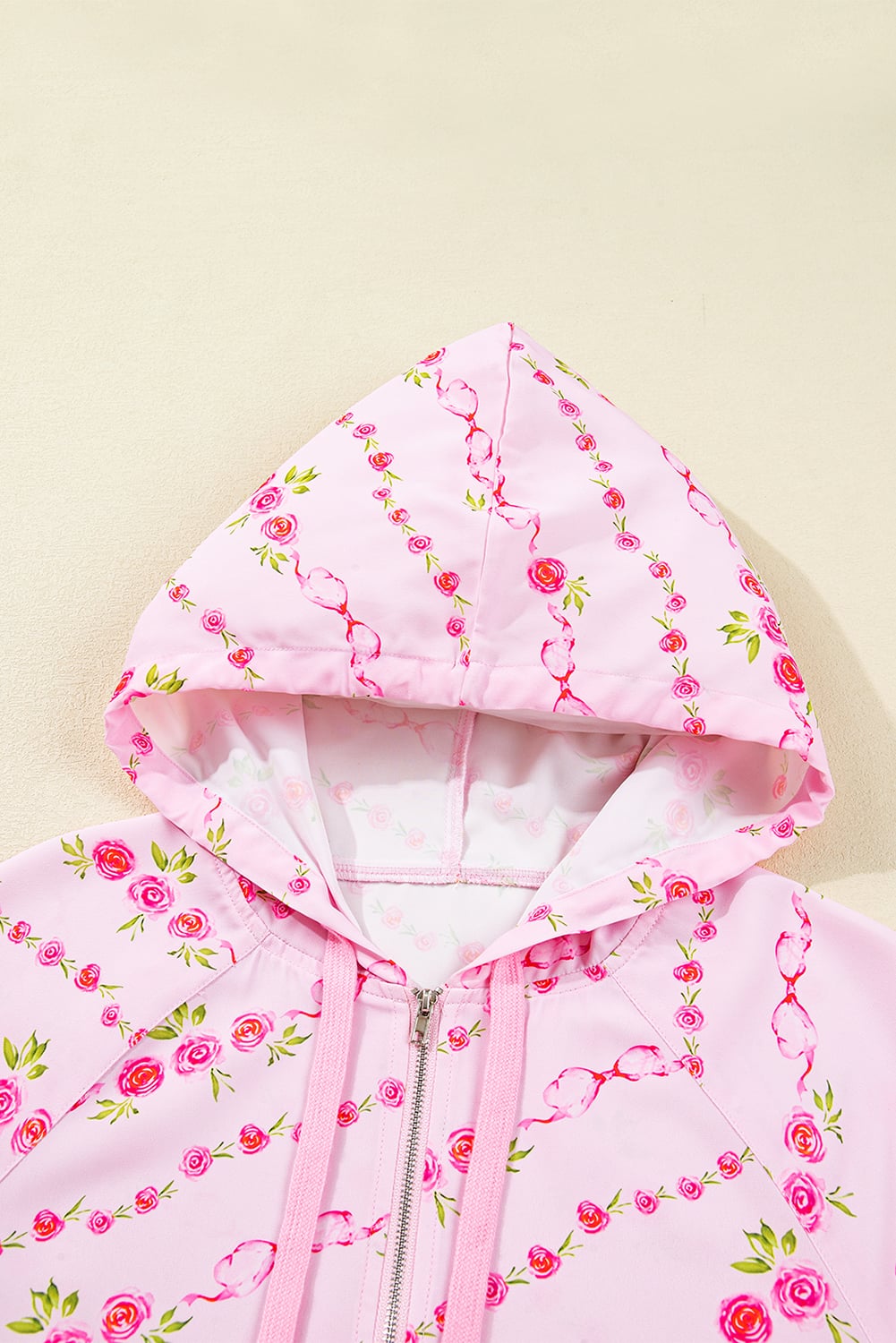 Pink Floral Print Half Zip Kangaroo Pouch Drawstring Hoodie