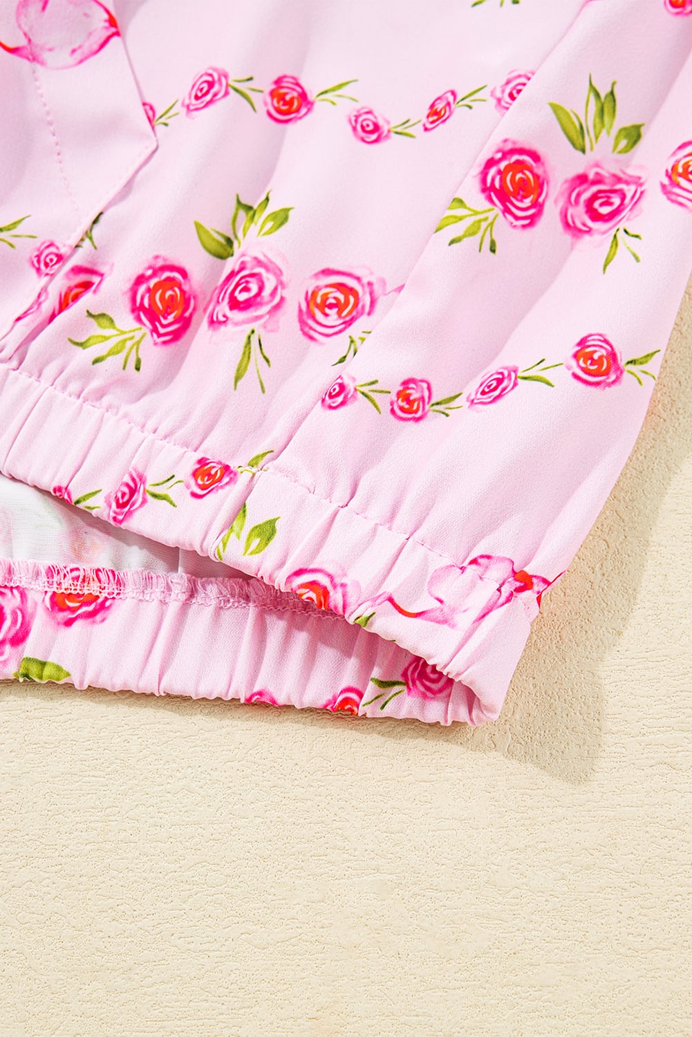 Pink Floral Print Half Zip Kangaroo Pouch Drawstring Hoodie