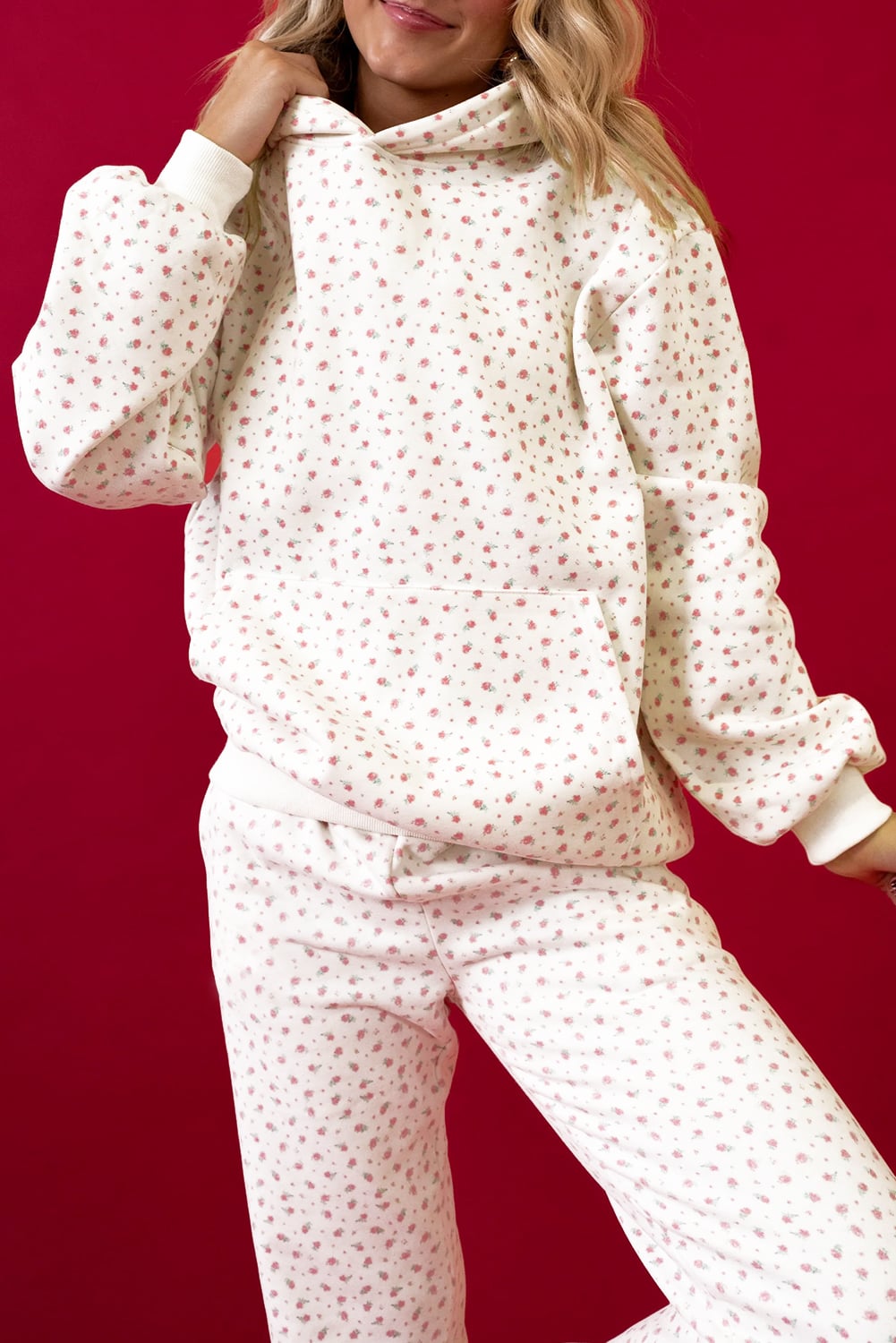Pink Floral Print Kangaroo Pocket Hoodie Sheath Sweatpants Set