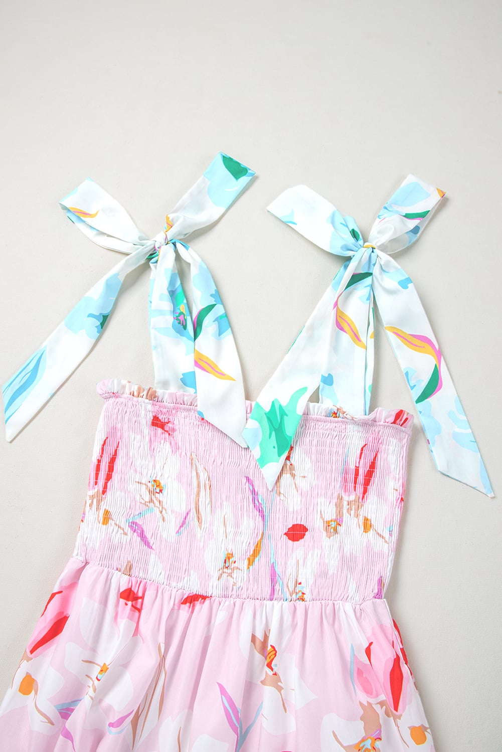 Pink Floral Print Knotted Shoulder Smocked Maxi Dress