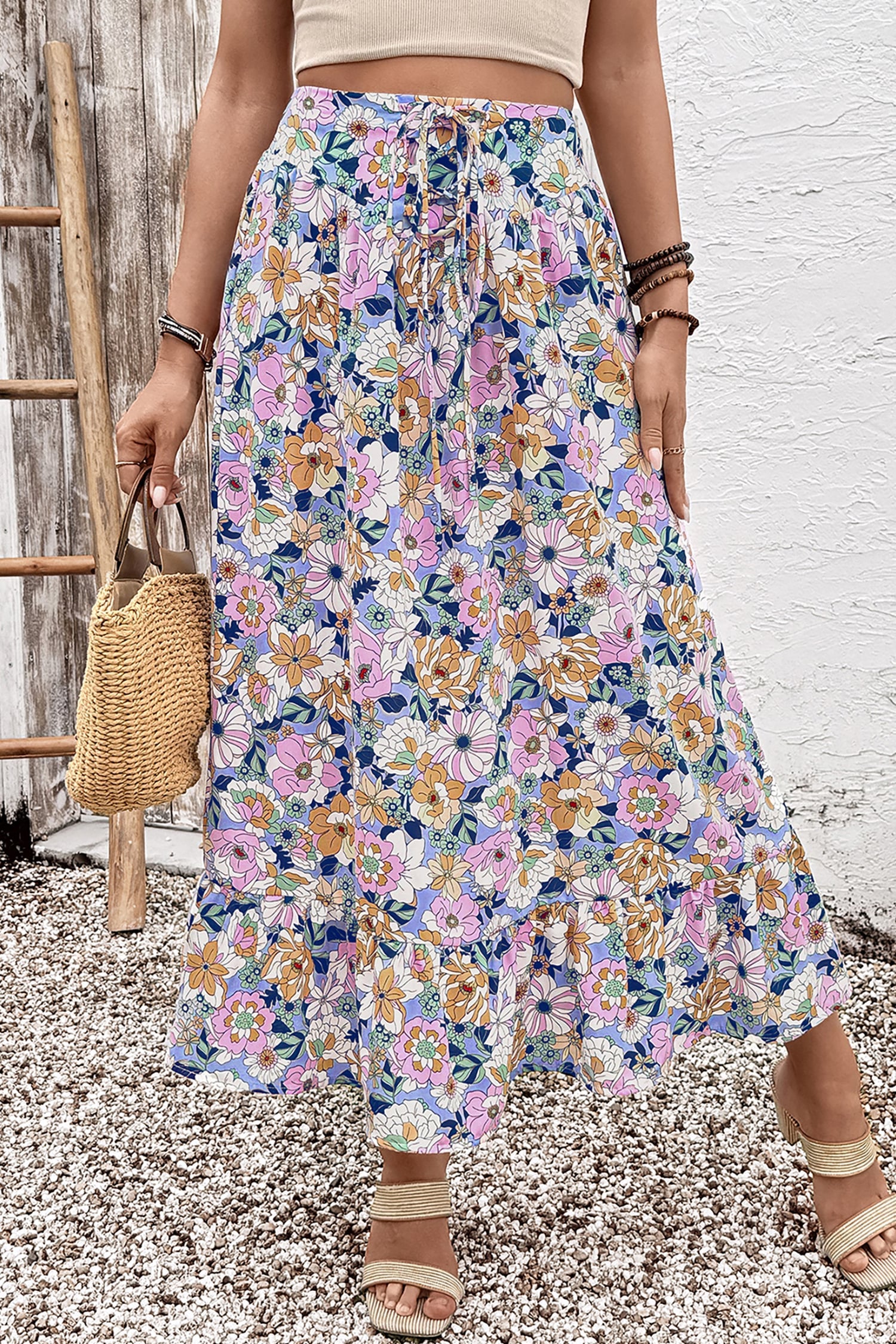 Pink Floral Print Lace-up High Waist Ruffle Hem Maxi Skirt