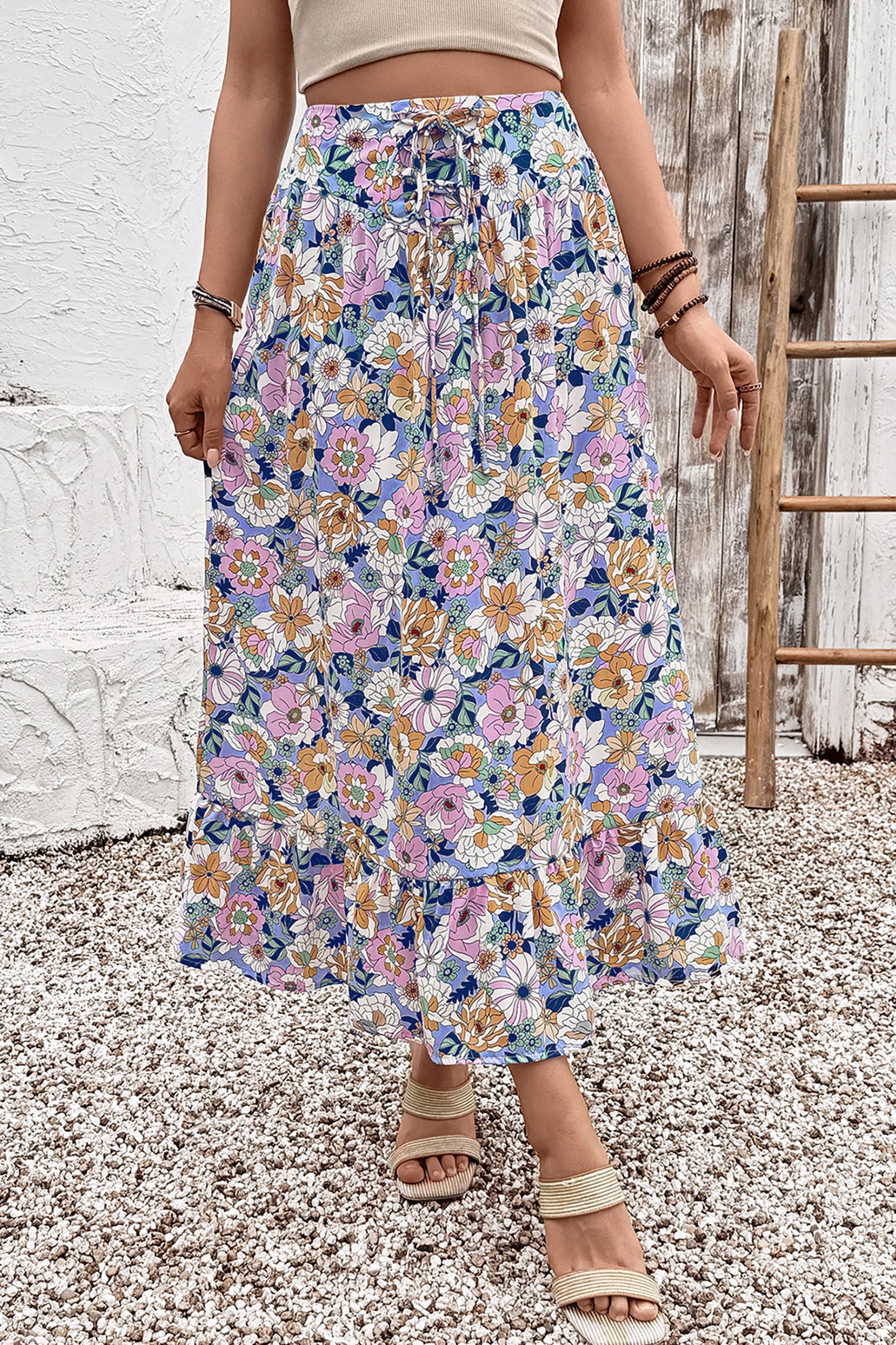 Pink Floral Print Lace-up High Waist Ruffle Hem Maxi Skirt