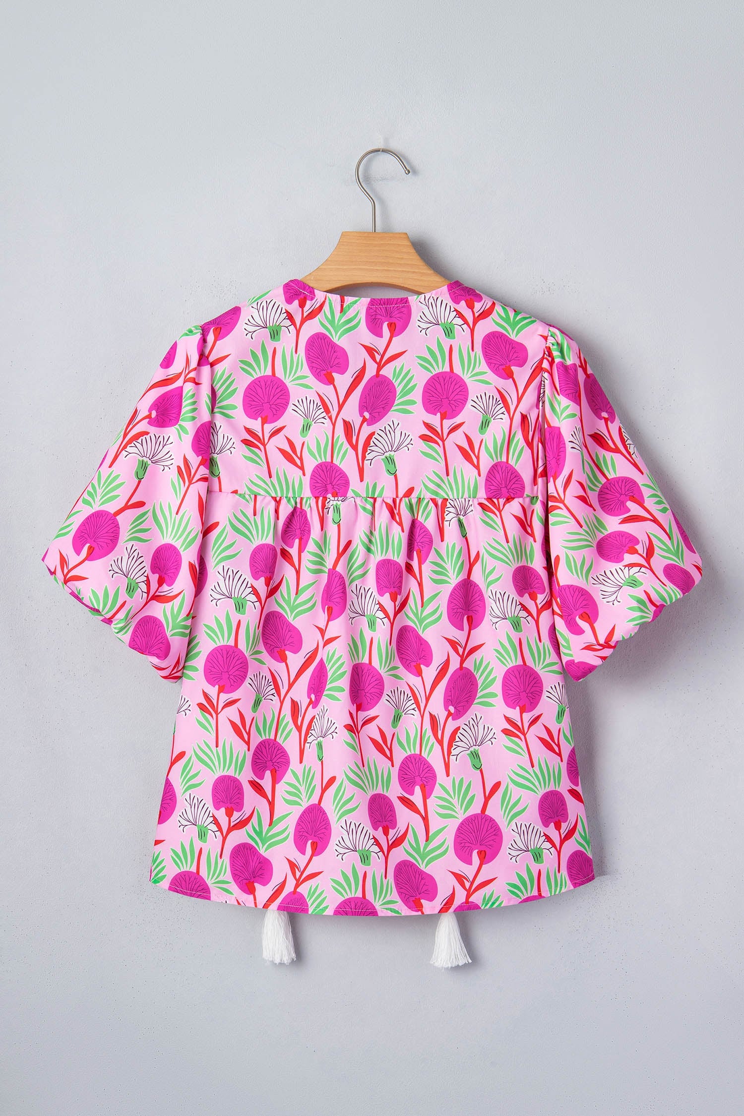 Pink Floral Print Short Sleeve Contrast Patchwork Tassel Tie Blouse
