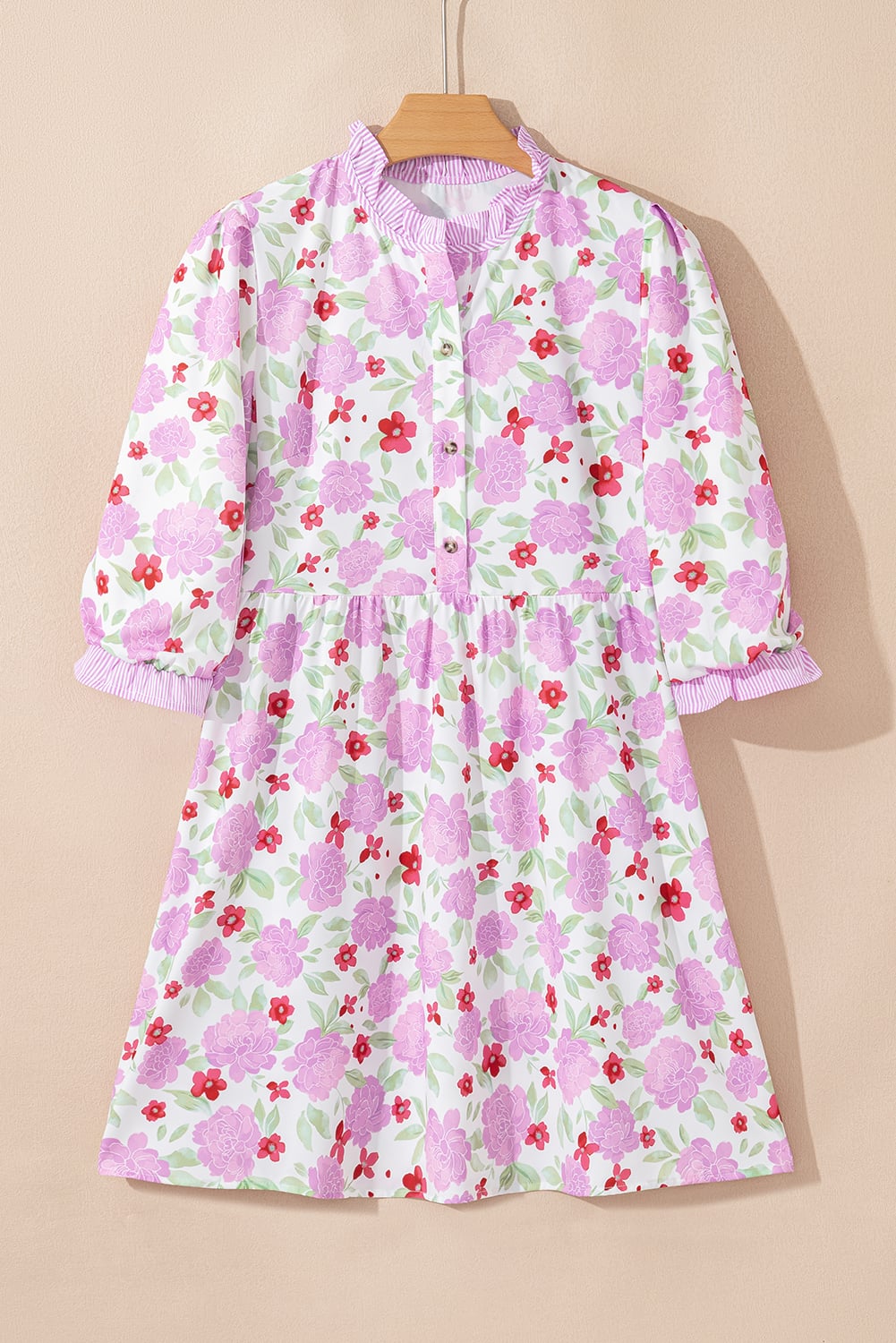 Pink Floral Print Striped Trim Frilled Neck 3/4 Sleeve Flared Mini Dress