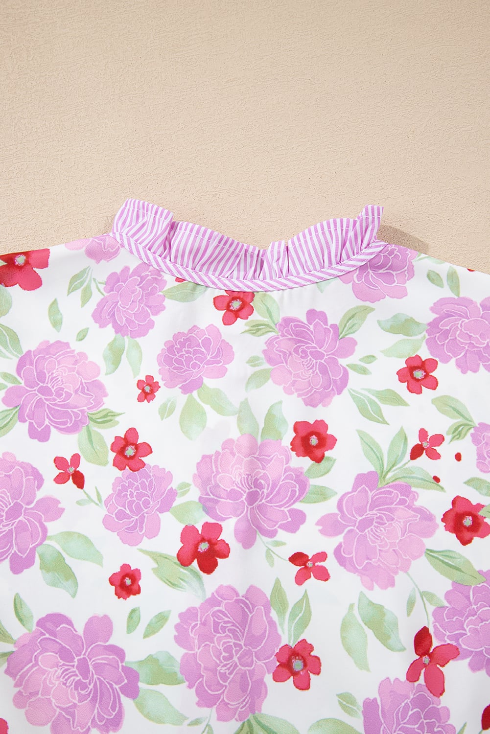 Pink Floral Print Striped Trim Frilled Neck 3/4 Sleeve Flared Mini Dress