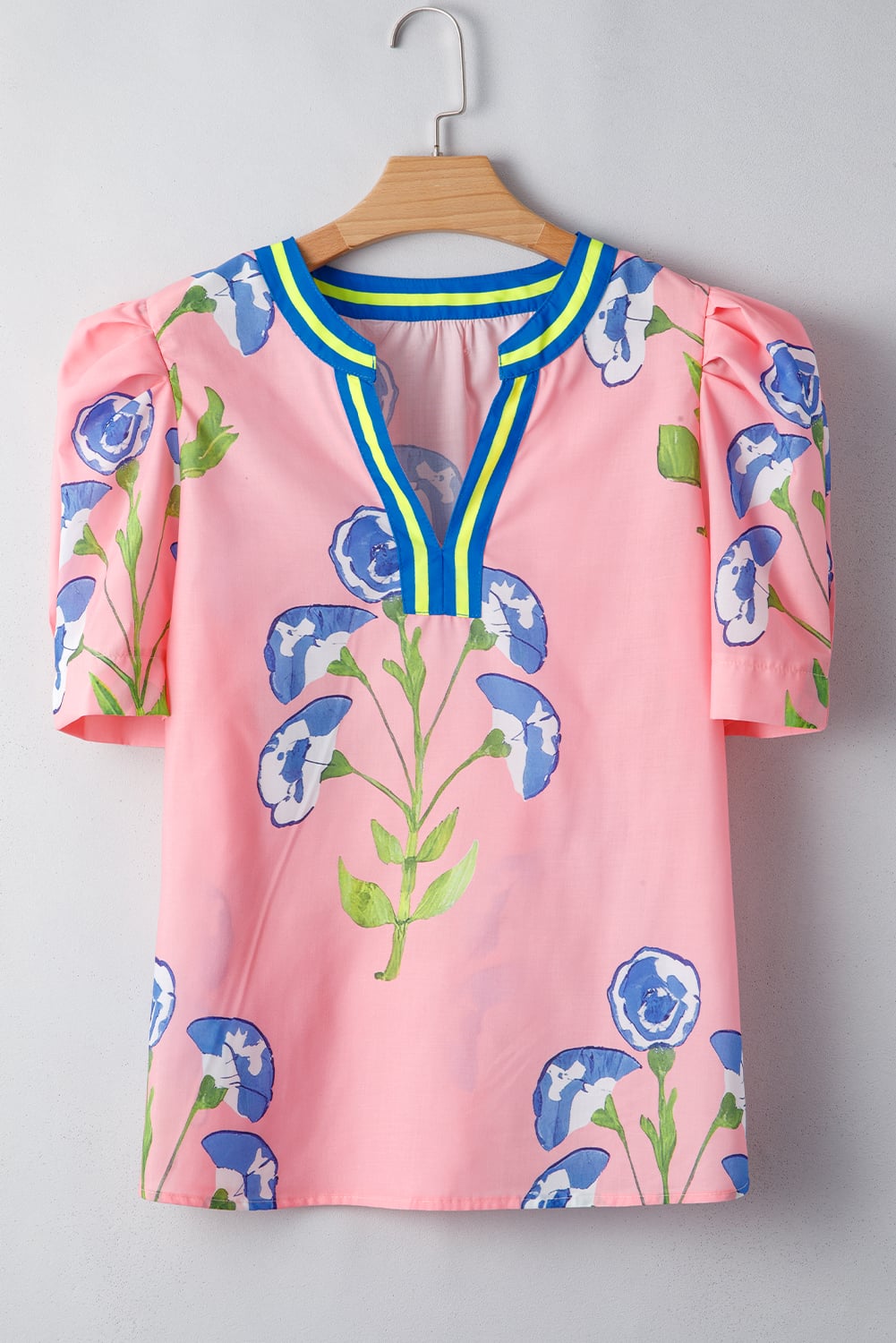 Pink Floral Print Striped Notched V Neck Bubble Sleeve Blouse