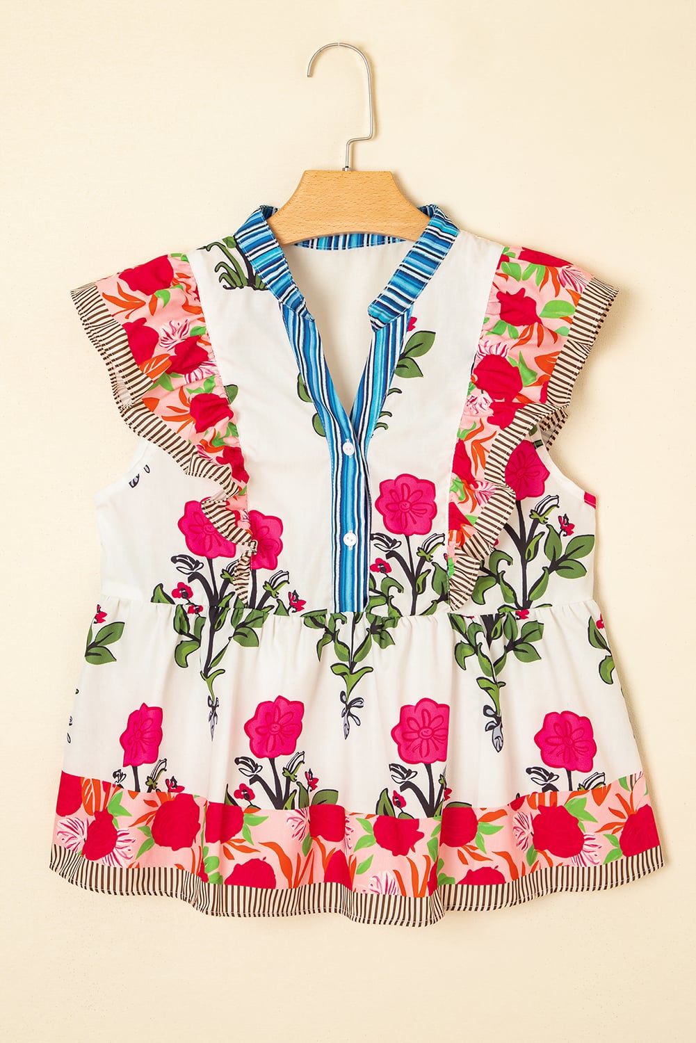 Pink Floral Print Tie Neck Striped Detail Flutter Sleeve Blouse