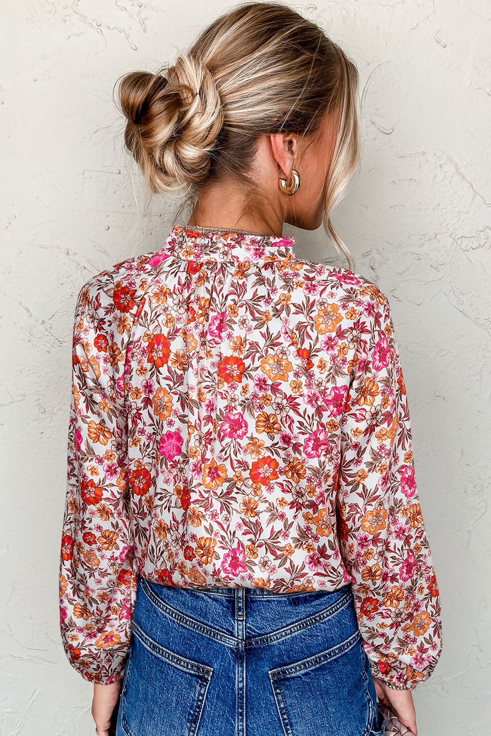 Pink Floral Print Tie Split Neck Bracelet Sleeve Blouse