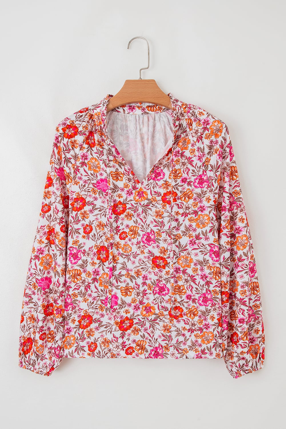 Pink Floral Print Tie Split Neck Bracelet Sleeve Blouse