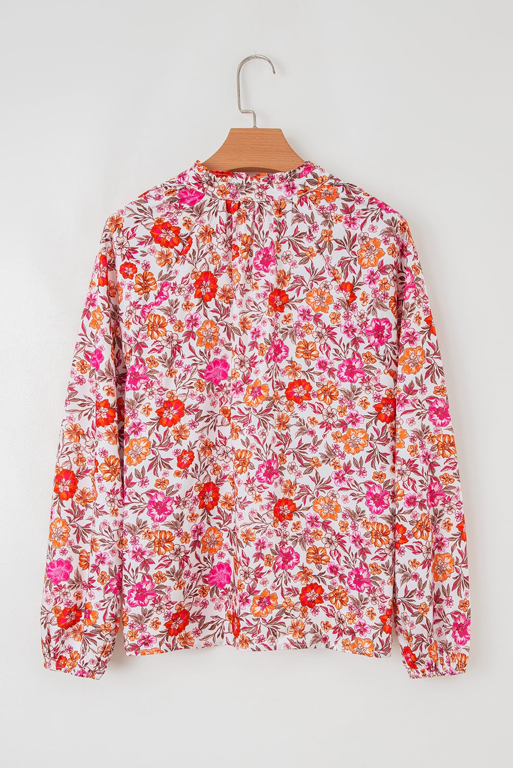 Pink Floral Print Tie Split Neck Bracelet Sleeve Blouse