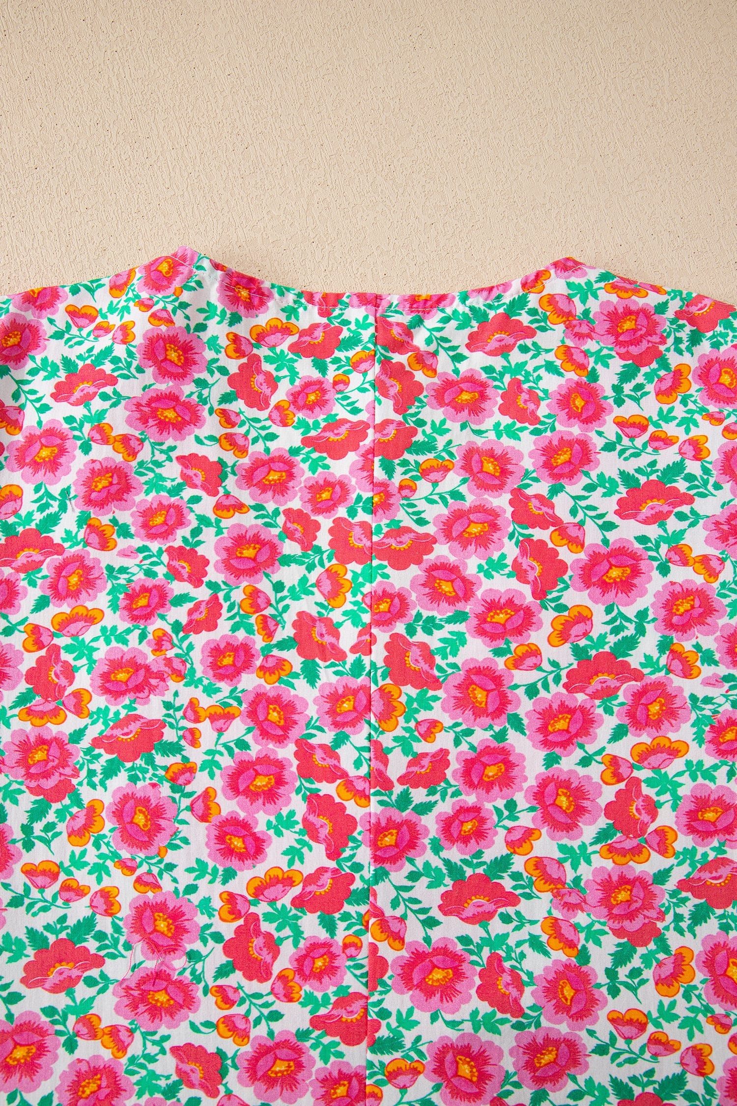 Pink Floral Print V Neck Patchwork Short Bubble Sleeve Mini Dress