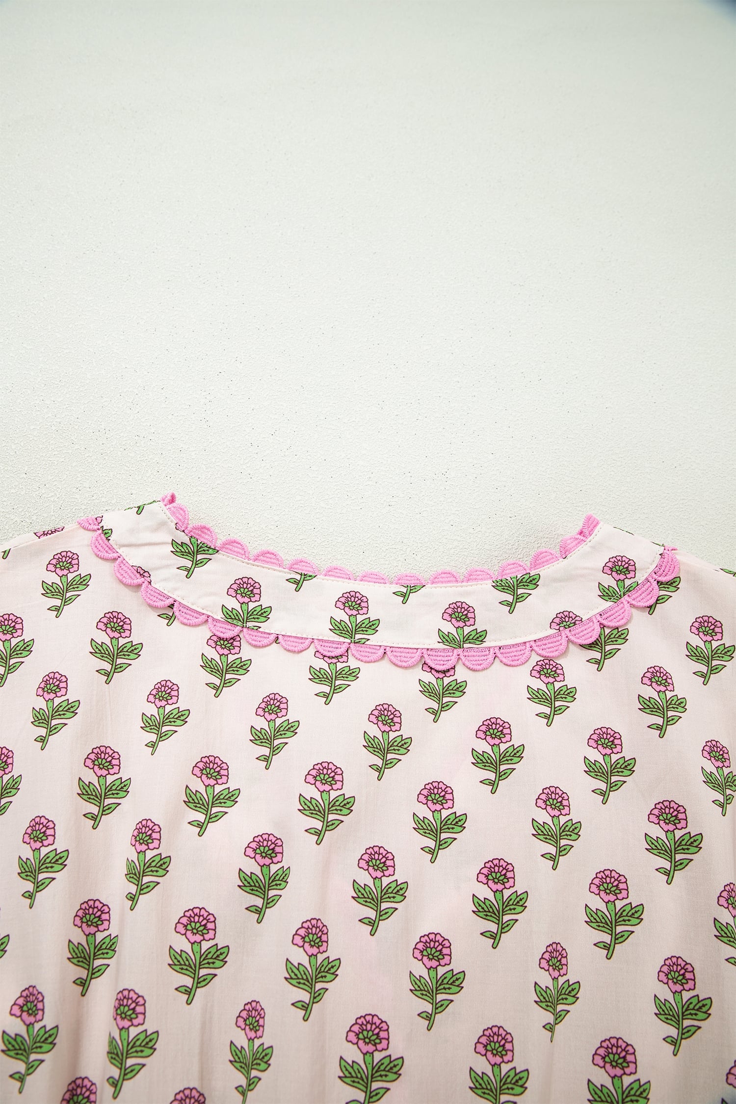 Pink Floral Print V Neck Scallop Trim Button Front Short Sleeve Long Dress