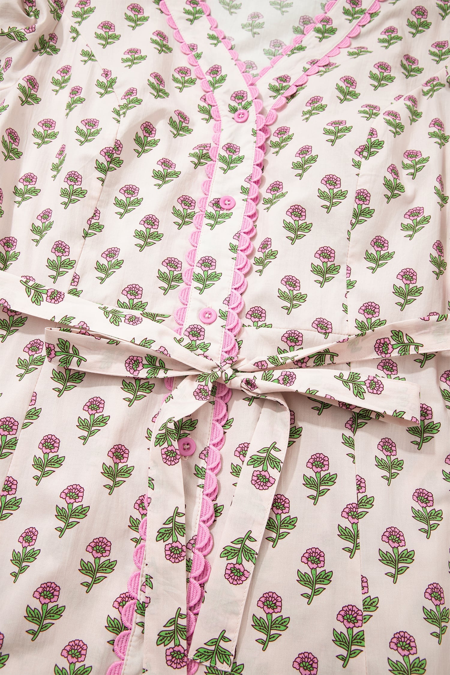 Pink Floral Print V Neck Scallop Trim Button Front Short Sleeve Long Dress