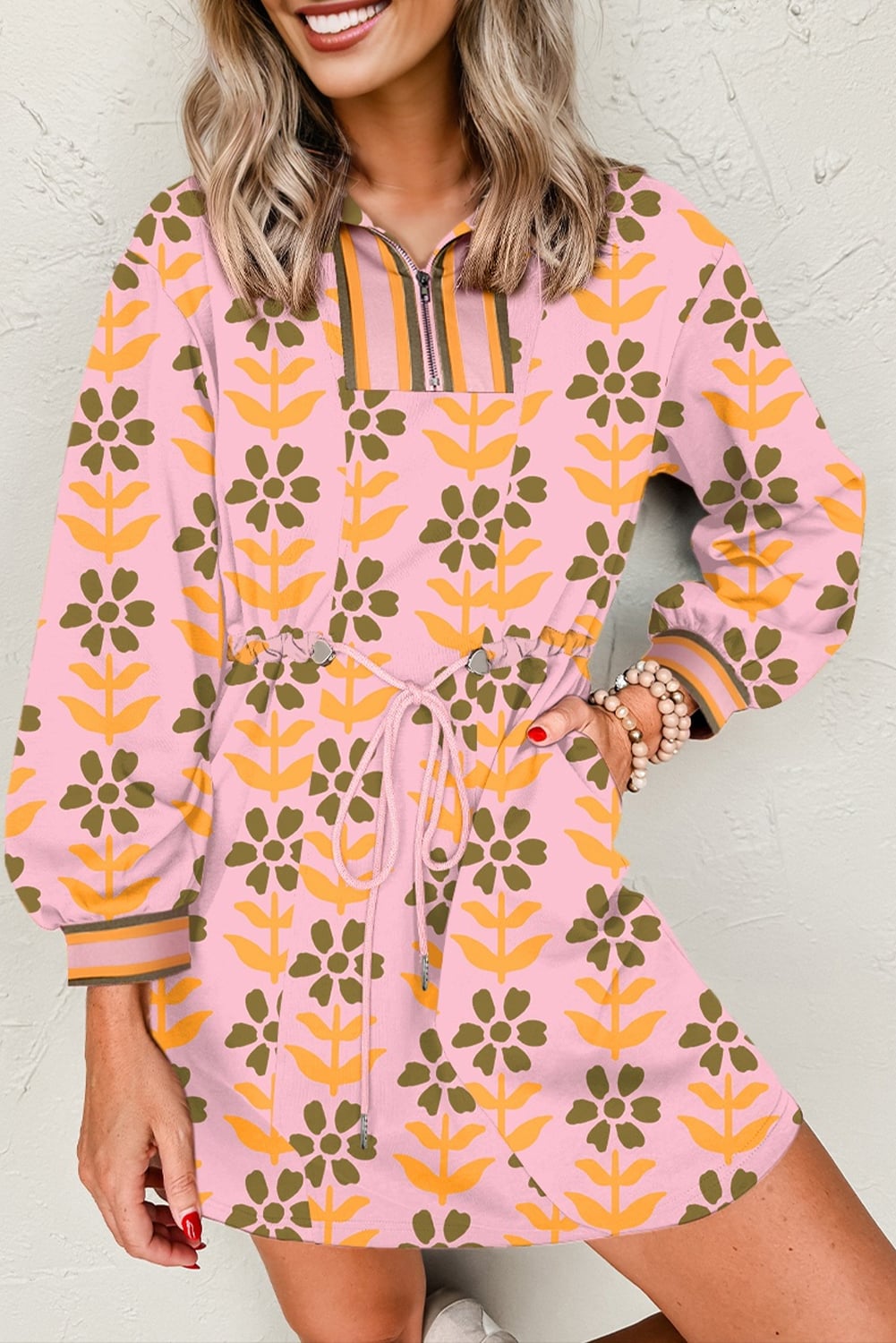 Pink Floral Print Zip Neck Striped Patchwork Long Sleeve Drawstring Dress